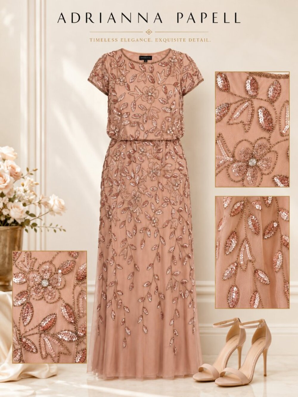 Adrianna Papell Plus Size Beaded Blouson Rose Gold Gown NWT Formal Dress Wedding